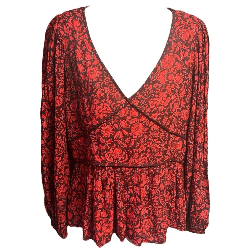 Knox Rose Top Large Red Floral Pullover VNeck Elastic Cuffs Peplum Boho Chic NEW - Picture 2 of 10